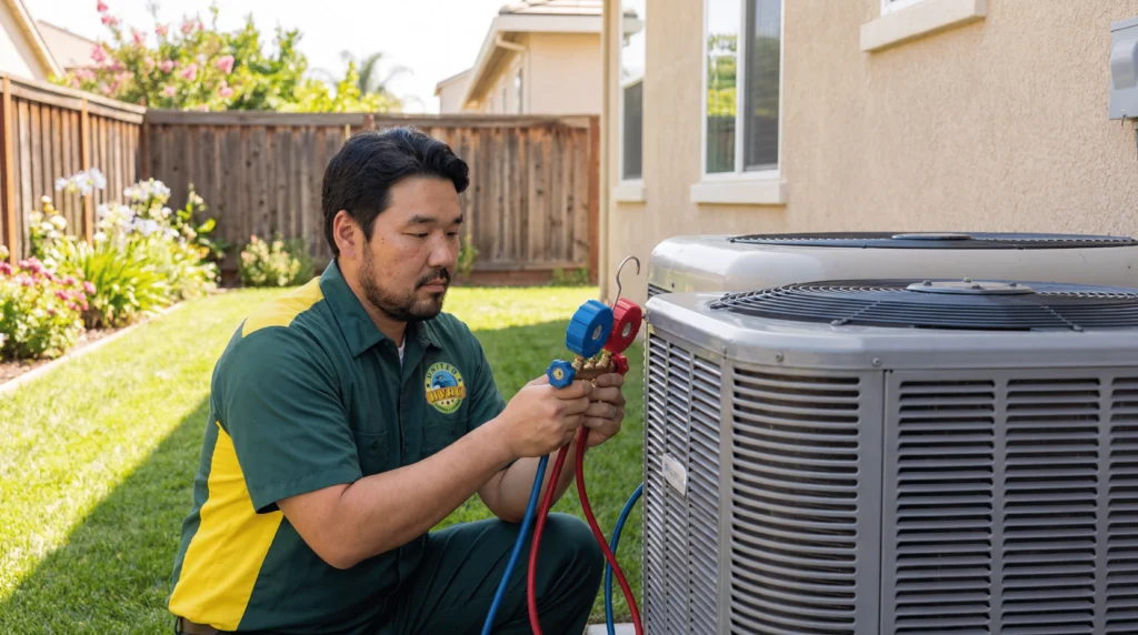 AC tune-up cost San Jose — United HVAC technician inspecting outdoor condenser unit
