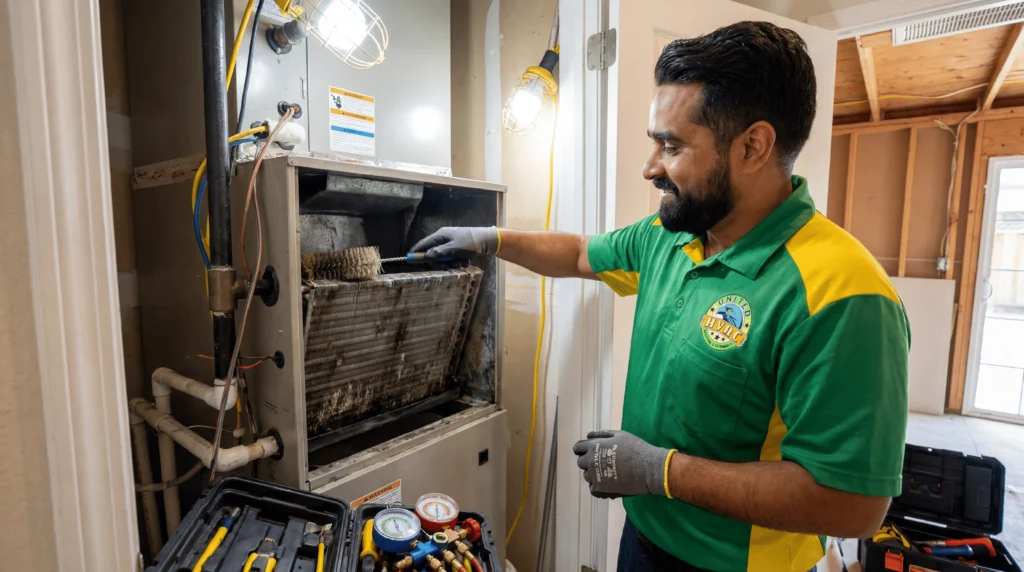 Air conditioning maintenance San Jose — HVAC technician cleaning evaporator coil Bay Area